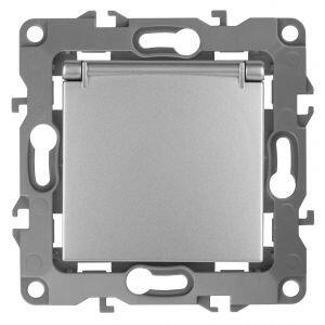 12-2103-03 ЭРА Розетка 2P+E Schuko со шторками с крышкой, 16A-250В, IP20, Эра12, алюминий (10/100/28