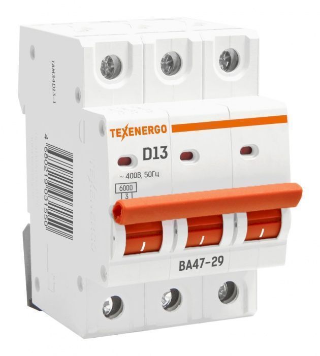 Автоматический выключатель ВА47-29 3п 13А 6кА Texenergo хар-ка D Автоматический выключатель ВА47-29 3п 13А 6кА Texenergo хар-ка D