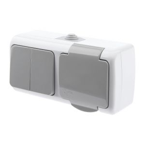 Блок розетка с выключателем Intro Atlantic 5-702-03 двойным 2P+E, 10(16)А-250В, открытой установки, IP54, серый