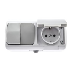 Блок розетка с выключателем Intro Atlantic 5-702-03 двойным 2P+E, 10(16)А-250В, открытой установки, IP54, серый