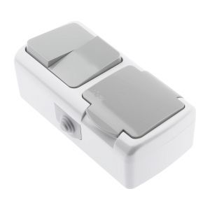 Блок розетка с выключателем Intro Atlantic 5-702-03 двойным 2P+E, 10(16)А-250В, открытой установки, IP54, серый