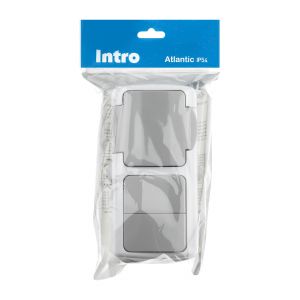 Блок розетка с выключателем Intro Atlantic 5-702-03 двойным 2P+E, 10(16)А-250В, открытой установки, IP54, серый