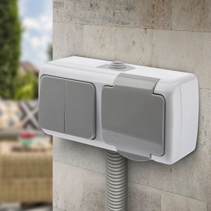 Блок розетка с выключателем Intro Atlantic 5-702-03 двойным 2P+E, 10(16)А-250В, открытой установки, IP54, серый