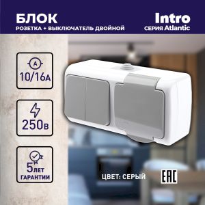 Блок розетка с выключателем Intro Atlantic 5-702-03 двойным 2P+E, 10(16)А-250В, открытой установки, IP54, серый
