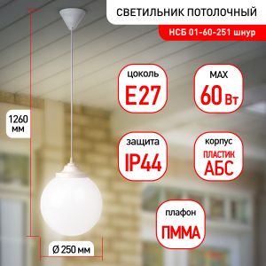 Cветильник потолочный ЭРА НСБ 01-60-251 шар опаловый подвесной на шнуре IP44 Е27 max 60 Вт d250mm Cветильник потолочный ЭРА НСБ 01-60-251 шар опаловый подвесной на шнуре IP44 Е27 max 60 Вт d250mm