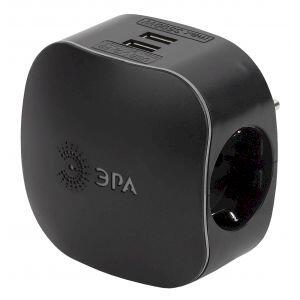 ЭРА Тройник SP-3e-USB-BLACK 3гн 220V + 2xUSB 2100mA, c заземл, со шт (черный) (6/36/720)