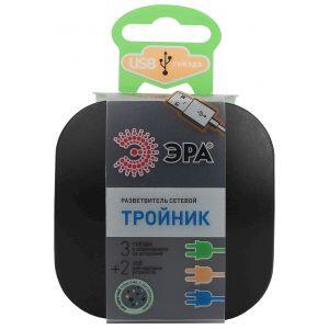 ЭРА Тройник SP-3e-USB-BLACK 3гн 220V + 2xUSB 2100mA, c заземл, со шт (черный) (6/36/720)