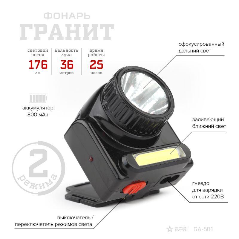 GA-501 Фонари АР АРМИЯ РОССИИ налобный Гранит [3Вт COB + 3Вт LED, ближ и дальн свет, аккум, карт] (3