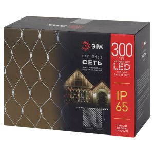 Гирлянда ЭРА ERAPS-SKW1 светодиодная новогодняя сеть 2x3 м тёплый белый свет 300 LED белый каучук