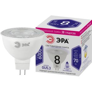 Лампочка светодиодная ЭРА STD LED Lense MR16-8W-860-GU5.3 GU5.3 8Вт линзованная софит холодный белый свет Лампочка светодиодная ЭРА STD LED Lense MR16-8W-860-GU5.3 GU5.3 8Вт линзованная софит холодный белый свет