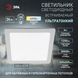 LED 2-24-4K Светильник ЭРА светодиодный квадратный LED 24W 220V 4000K (20/180)