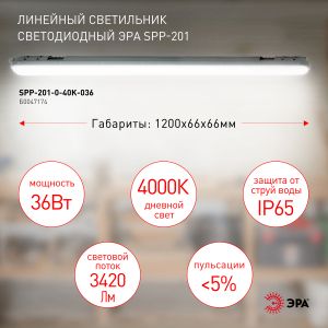 Линейный светодиодный светильник ЭРА SPP-201-0-40K-036 36Вт 4000К 3420Лм IP65 1200 матовый