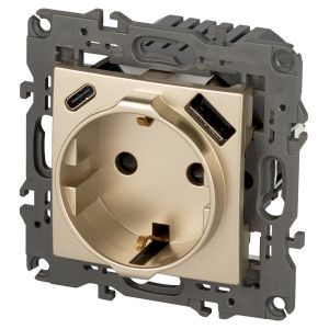 Розетка ЭРА Elegance 14-4108-04 со шторками, 2P+E 16A-250В, с USB type-A+C 5В-3А, шампань