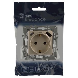 Розетка ЭРА Elegance 14-4108-04 со шторками, 2P+E 16A-250В, с USB type-A+C 5В-3А, шампань