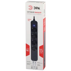 Сетевой фильтр ЭРА USF-4es-1,5m-2xUSBAC-B с базовой защитой с заземлением с выкл. 4 розетки+2xUSBA+C 3,1A 1,5м 10А