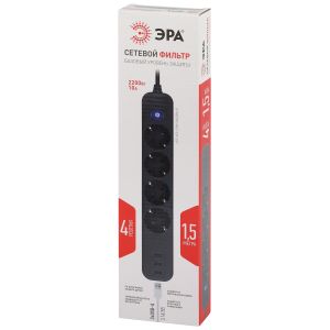 Сетевой фильтр ЭРА USF-4es-1,5m-3xUSBA-B с базовой защитой с заземлением с выключателем 4 розетки+3xUSBA 3,1A 1,5м 10А Сетевой фильтр ЭРА USF-4es-1,5m-3xUSBA-B с базовой защитой с заземлением с выключателем 4 розетки+3xUSBA 3,1A 1,5м 10А