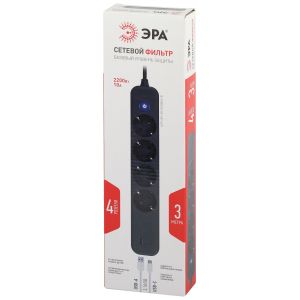 Сетевой фильтр ЭРА USF-4es-3m-2xUSBAC-B с базовой защитой с заземлением с выключателем 4 розетки+2xUSBA+C 3,1A 3м 10А Сетевой фильтр ЭРА USF-4es-3m-2xUSBAC-B с базовой защитой с заземлением с выключателем 4 розетки+2xUSBA+C 3,1A 3м 10А