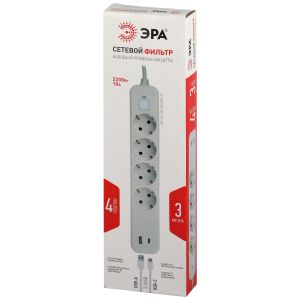 Сетевой фильтр ЭРА USF-4es-3m-2xUSBAC-W с базовой защитой с заземлением с выключателем 4 розетки+2xUSBA+C 3,1A 3м 10А Сетевой фильтр ЭРА USF-4es-3m-2xUSBAC-W с базовой защитой с заземлением с выключателем 4 розетки+2xUSBA+C 3,1A 3м 10А