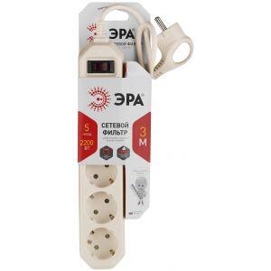 Сетевой фильтр ЭРА  USF-5es-3m-I с базовой защитой с заземлением с выключателем 5 розеток 3м 10А слоновая кость