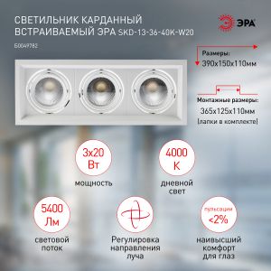 Светильник карданный встраиваемый ЭРА  SKD-13-36-40K-W20 3х20Вт 4000K 5400Лм 390х150х110