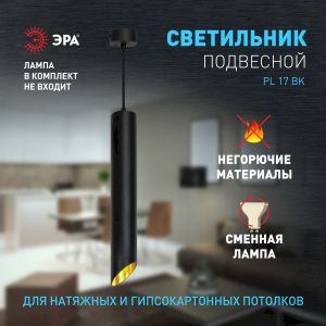 Светильник подвесной (подвес) ЭРА PL 17 BK MR16/GU10, черный, потолочный, цилиндр