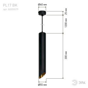 Светильник подвесной (подвес) ЭРА PL 17 BK MR16/GU10, черный, потолочный, цилиндр