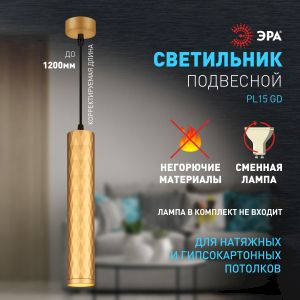Светильник подвесной (подвес) ЭРА PL15 GD MR16 GU10 потолочный цилиндр золото Светильник подвесной (подвес) ЭРА PL15 GD MR16 GU10 потолочный цилиндр золото