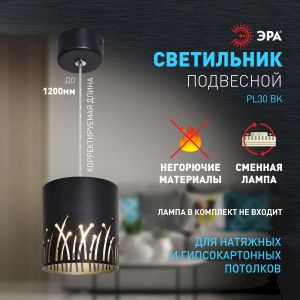 Светильник подвесной (подвес) ЭРА PL30 BK цоколь GX53 потолочный цилиндр черный
