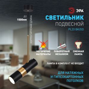 Светильник подвесной (подвес) ЭРА PL33 BK/GD MR16 GU10 потолочный цилиндр черный, золото
