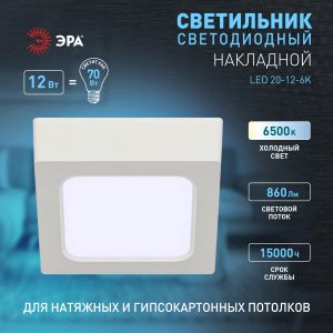 Светильник светодиодный ЭРА LED 20-12-6K накладной квадратный 12Вт 6500К