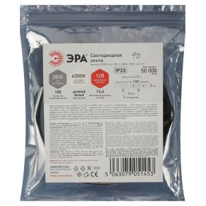 Светодиодная лента ЭРА LS2835 -14,4-180-12-4000K-IP20-1 year-5m дневной белый 5м Светодиодная лента ЭРА LS2835 -14,4-180-12-4000K-IP20-1 year-5m дневной белый 5м