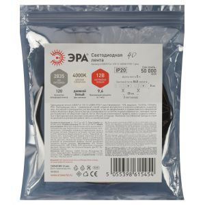 Светодиодная лента ЭРА LS2835 9,6-120-12-4000K-IP20-1 year белая 5м