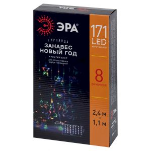 Светодиодная новогодняя гирлянда ЭРА ЕGNIG - NY занавес Новый Год 2,4*1,1 м 8 режимов мультиколор 171 LED Светодиодная новогодняя гирлянда ЭРА ЕGNIG - NY занавес Новый Год 2,4*1,1 м 8 режимов мультиколор 171 LED
