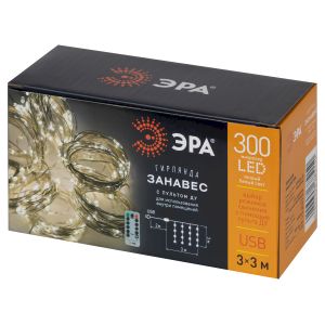 Светодиодная новогодняя гирлянда ЭРА ЕGNIG - ZW занавес с пультом 3*3 м теплый белый 300 LED Светодиодная новогодняя гирлянда ЭРА ЕGNIG - ZW занавес с пультом 3*3 м теплый белый 300 LED