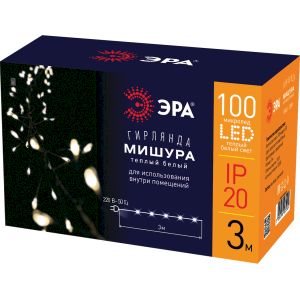 Светодиодная новогодняя гирлянда ЭРА ЕNIG - 100M нить Мишура 3 м теплый белый 150 microLED 220 V Светодиодная новогодняя гирлянда ЭРА ЕNIG - 100M нить Мишура 3 м теплый белый 150 microLED 220 V