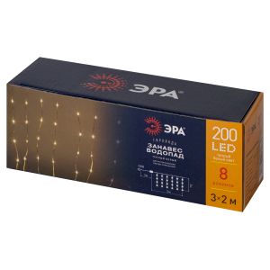 Светодиодная новогодняя гирлянда ЭРА ENIN-200WL занавес водопад теплый белый 3*2 м 200 LED IP20 Светодиодная новогодняя гирлянда ЭРА ENIN-200WL занавес водопад теплый белый 3*2 м 200 LED IP20