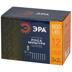 Светодиодная новогодняя гирлянда ЭРА ENIZ-800W занавес Роса-мишура 3*2 м теплый свет 800 microled IP20 Светодиодная новогодняя гирлянда ЭРА ENIZ-800W занавес Роса-мишура 3*2 м теплый свет 800 microled IP20