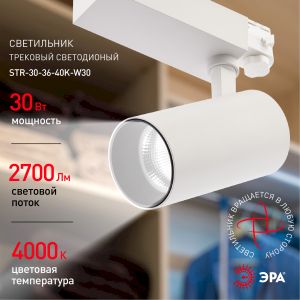 Трековый светильник трехфазный ЭРА SТR-30-36-40K-W30 узкий луч 4000K белый