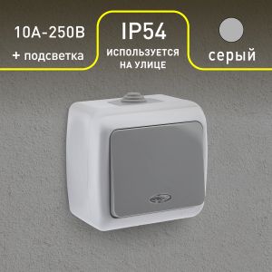 Выключатель Intro Atlantic 5-102-03 с подсветкой, 10А-250В, IP54, открытой установки, серый Выключатель Intro Atlantic 5-102-03 с подсветкой, 10А-250В, IP54, открытой установки, серый