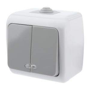 Выключатель Intro Atlantic 5-105-03 двойной с подсветкой, 10А-250В, IP54, открытой установки, серый Выключатель Intro Atlantic 5-105-03 двойной с подсветкой, 10А-250В, IP54, открытой установки, серый