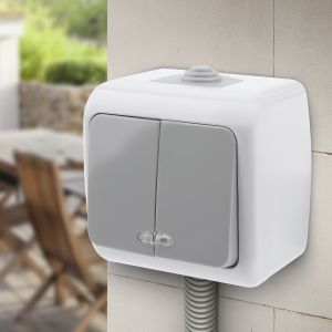 Выключатель Intro Atlantic 5-105-03 двойной с подсветкой, 10А-250В, IP54, открытой установки, серый Выключатель Intro Atlantic 5-105-03 двойной с подсветкой, 10А-250В, IP54, открытой установки, серый