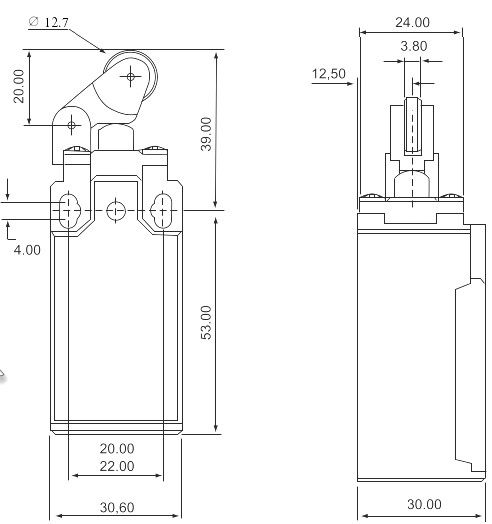 Выключатель путевой ВП19М-21Б 232-65 У2.28  1з+1р  двухполюсный, рычаг с роликом